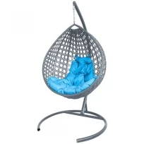Подвесное кресло M-GROUP капля Люкс с ротангом серое, голубая подушка